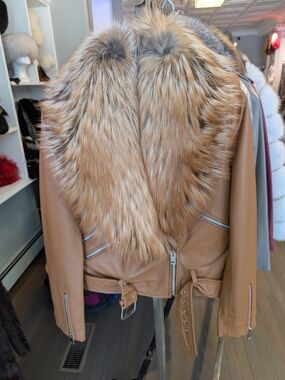 Tan Leather Jacket Motor Cross with Natural Red Fox  Fur Collar